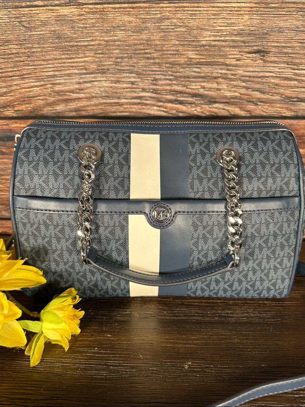 Michael Kors Navy and Cream Signature Stripe Crossbody